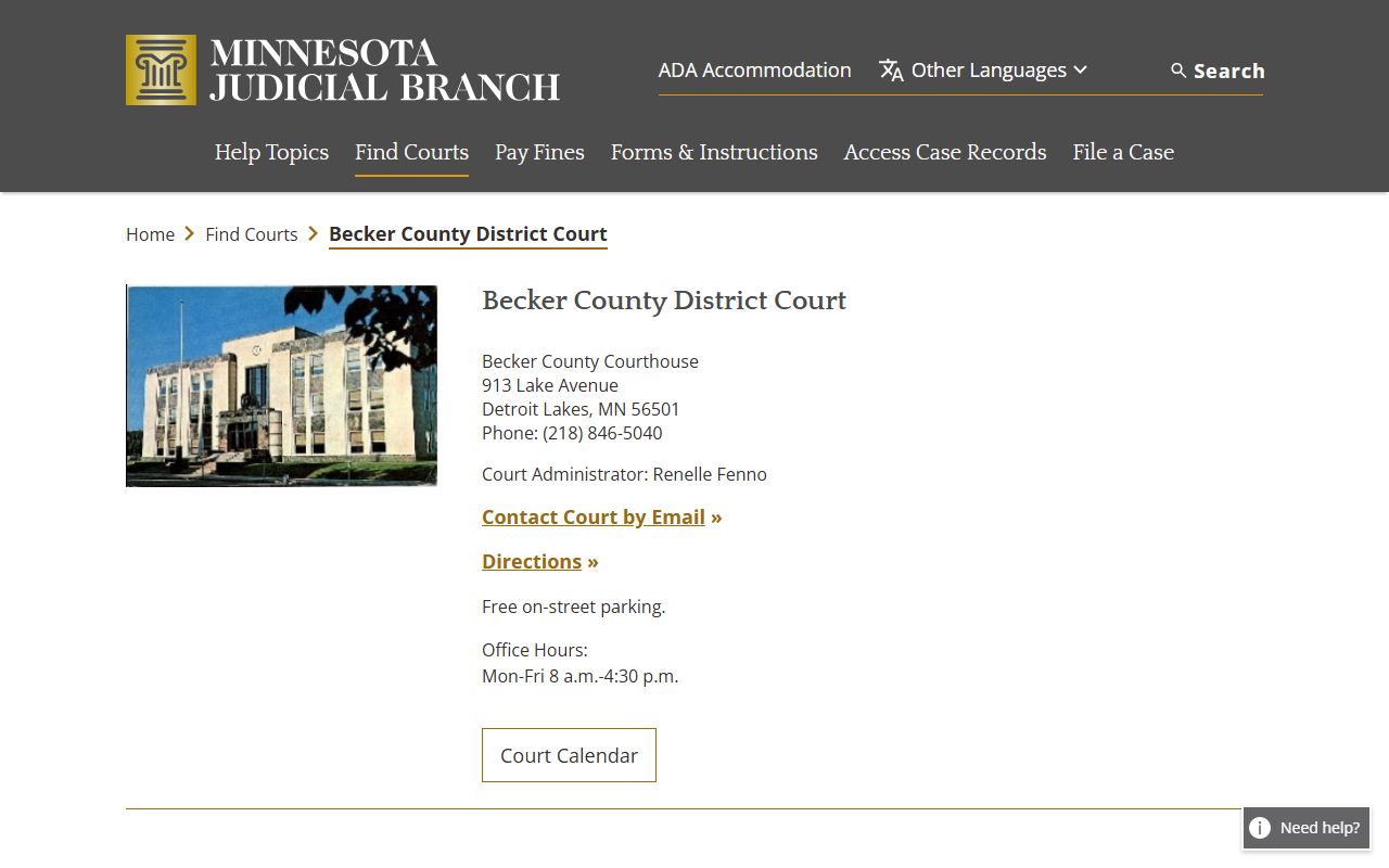 Becker County District Court listing on the Minnesota Courts website