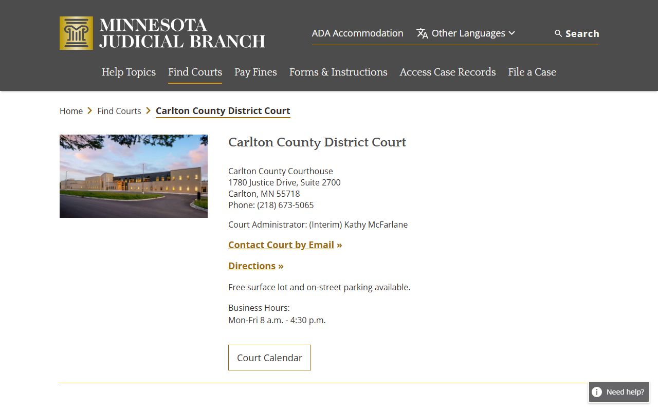 Carlton County District Court directory listing on Minnesota Courts website