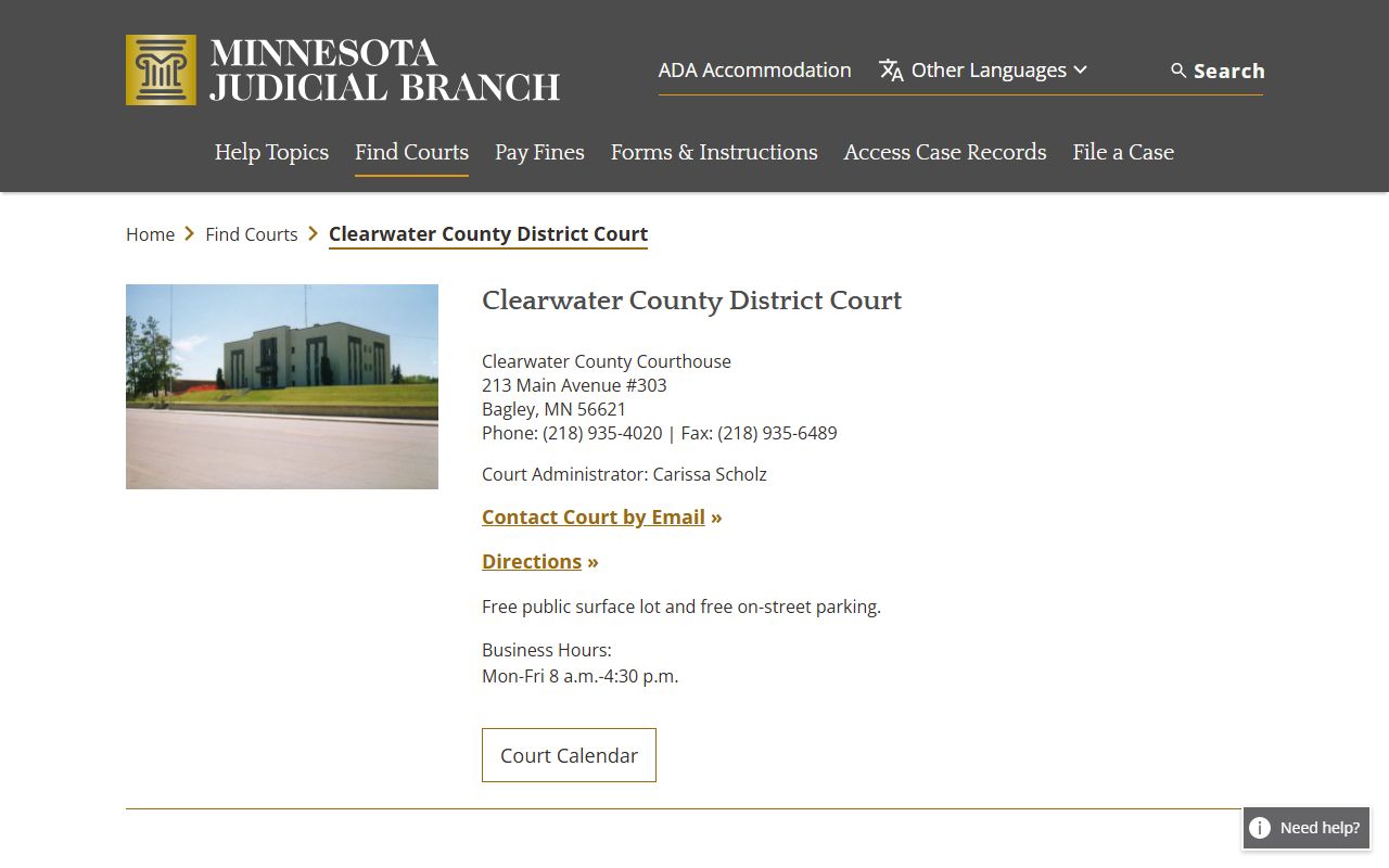Clearwater County criminal court records district court page
