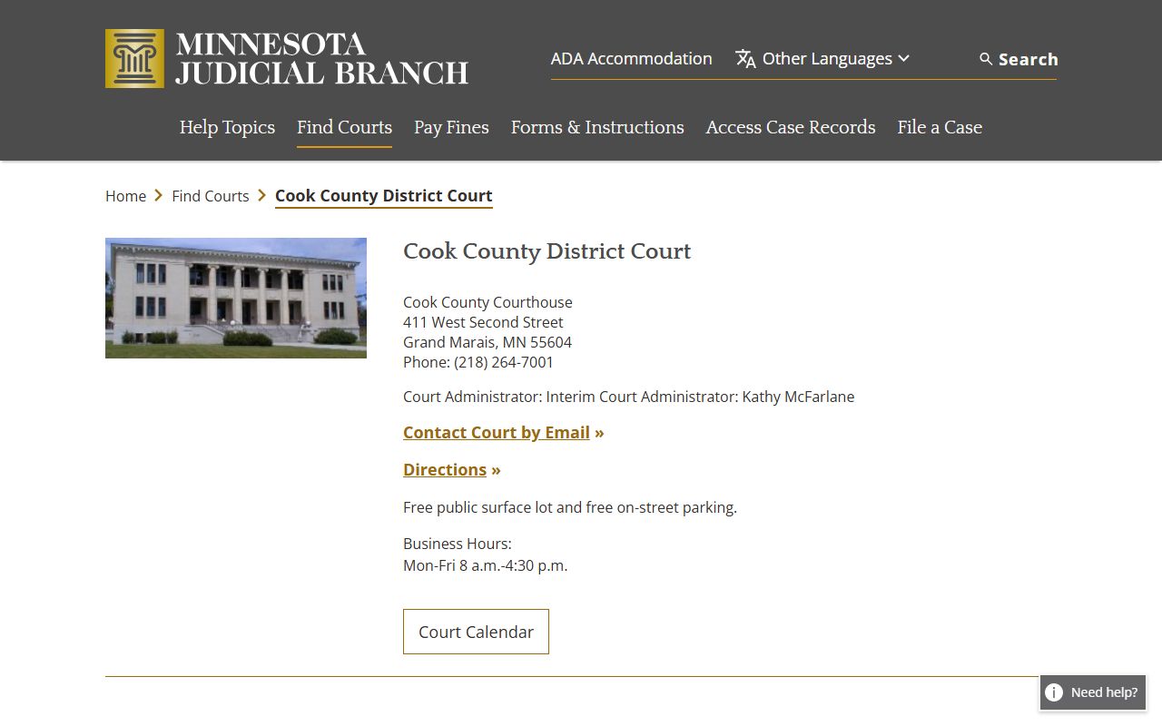Cook County District Court listing on the Minnesota Courts website