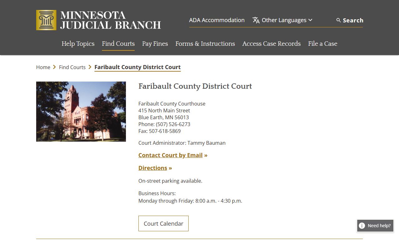 Faribault County district court page for criminal court records