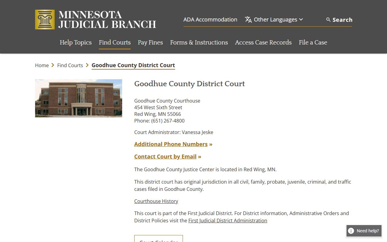 Goodhue County criminal court records district court page