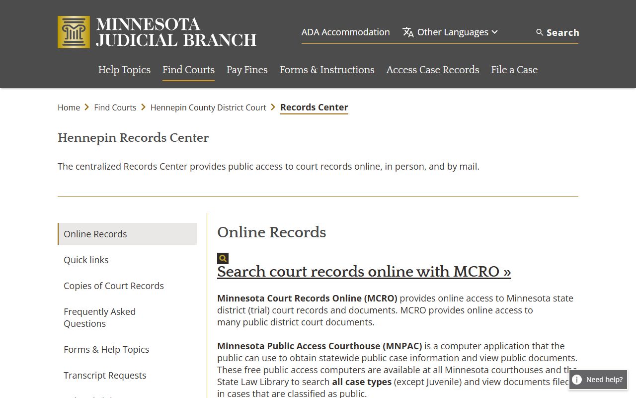 Hennepin County criminal court records center page