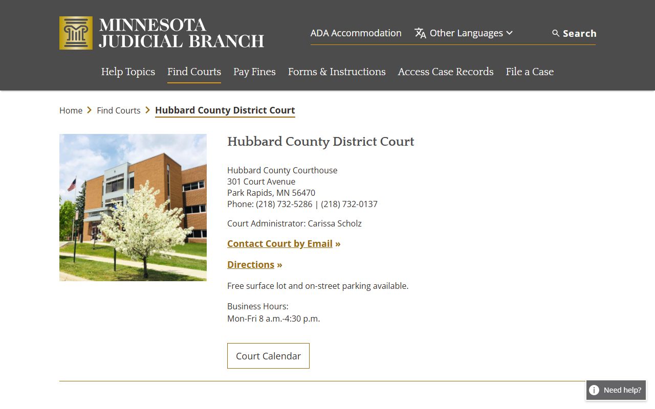 Hubbard County criminal court records district court page