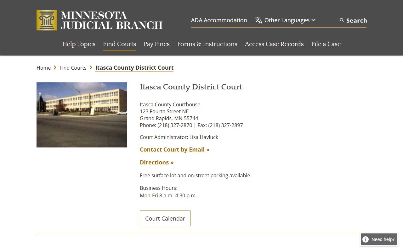Itasca County District Court listing on the Minnesota Courts website