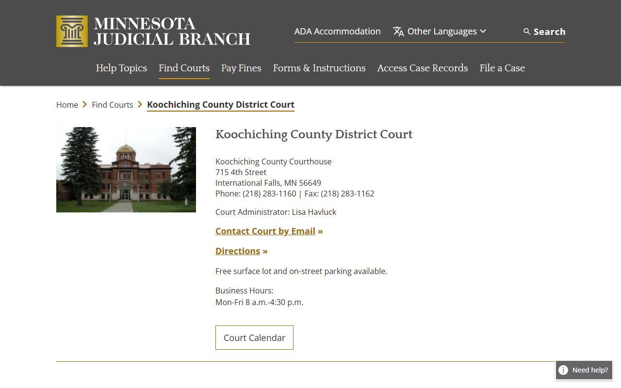 Koochiching County District Court information on the Minnesota Courts website