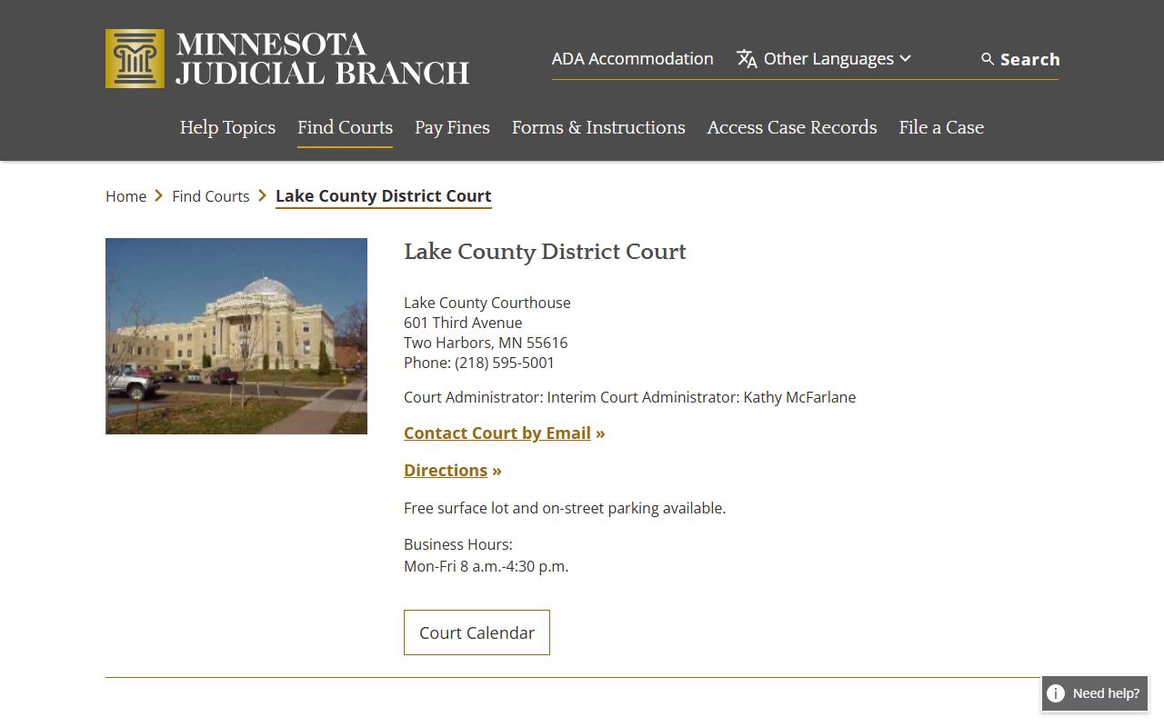 Lake County District Court directory on the Minnesota Courts website