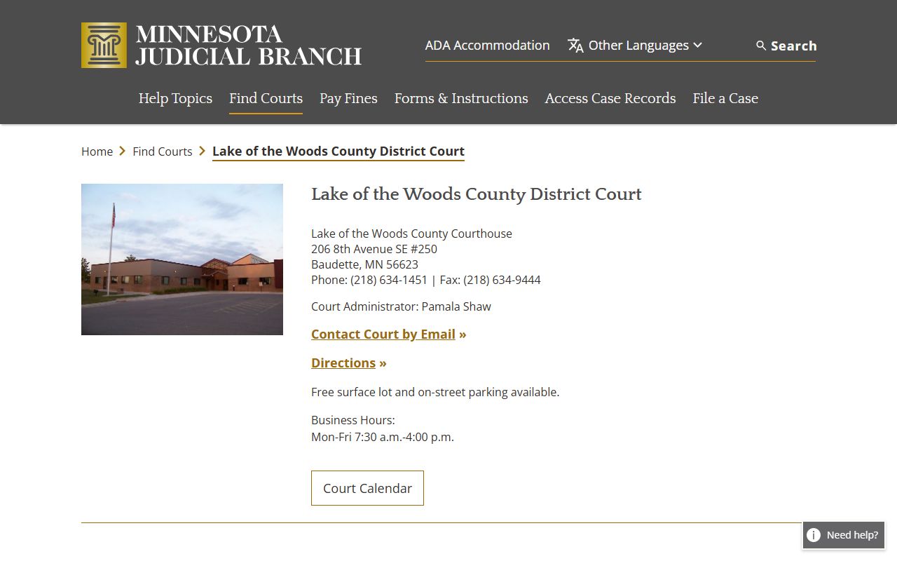 Lake of the Woods County criminal court records district court page