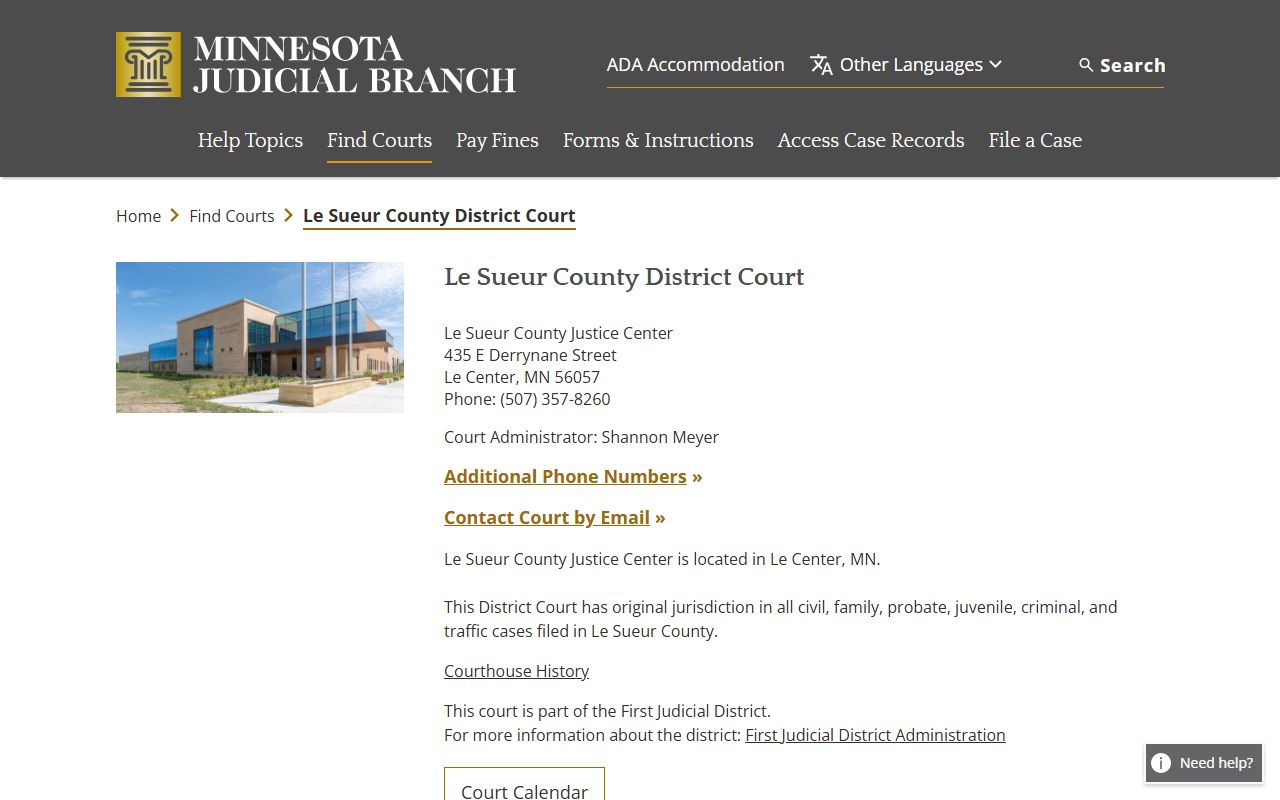 Le Sueur County criminal court records district court page