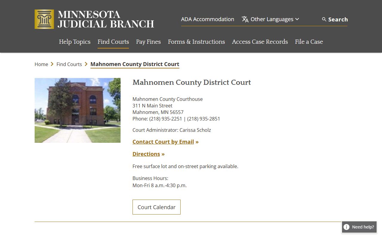 Mahnomen County criminal court records district court page