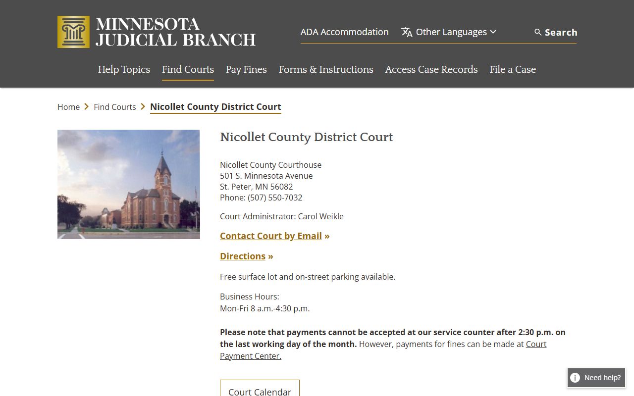 Nicollet County district court page for criminal court records