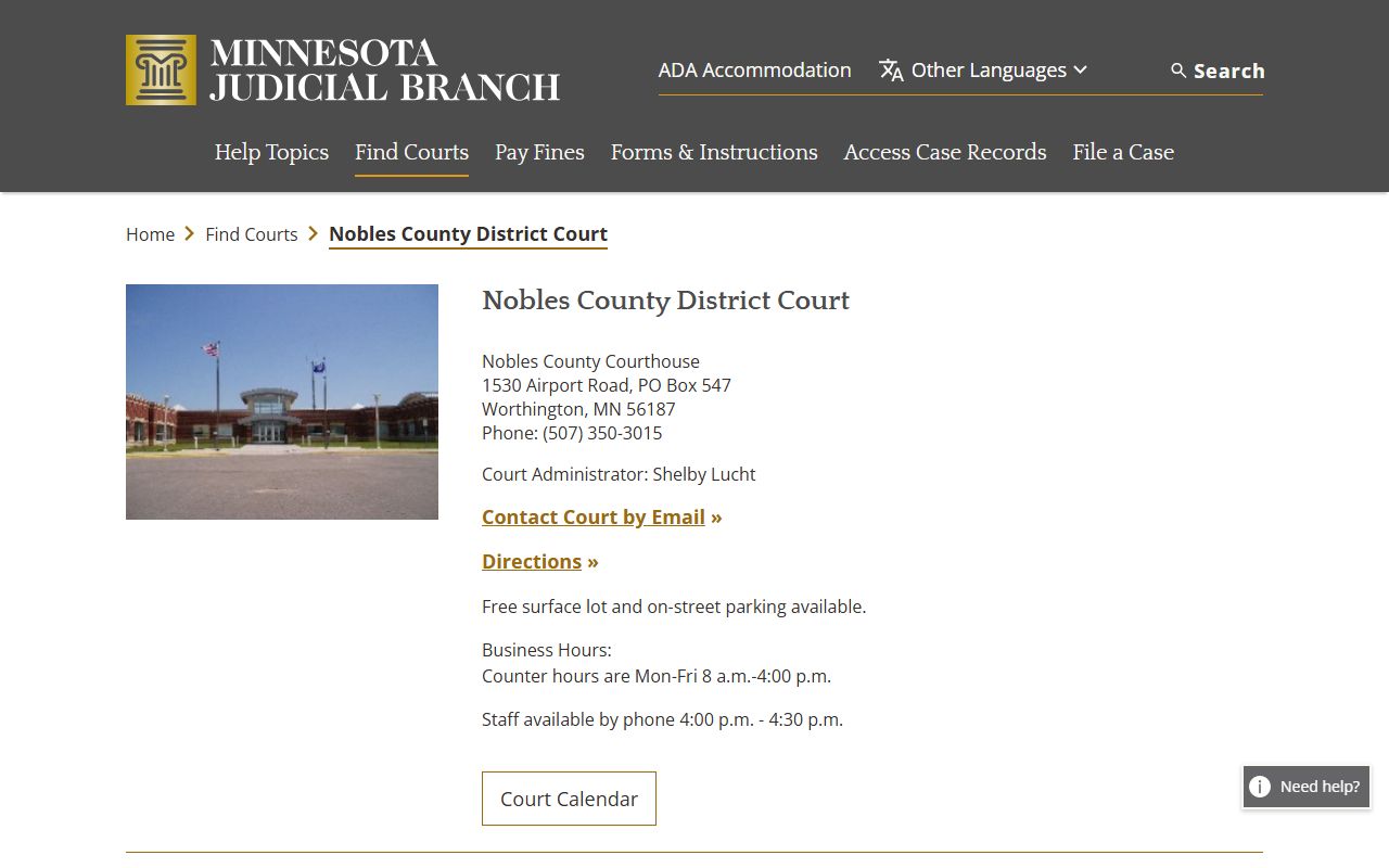 Nobles County district court page for criminal court records