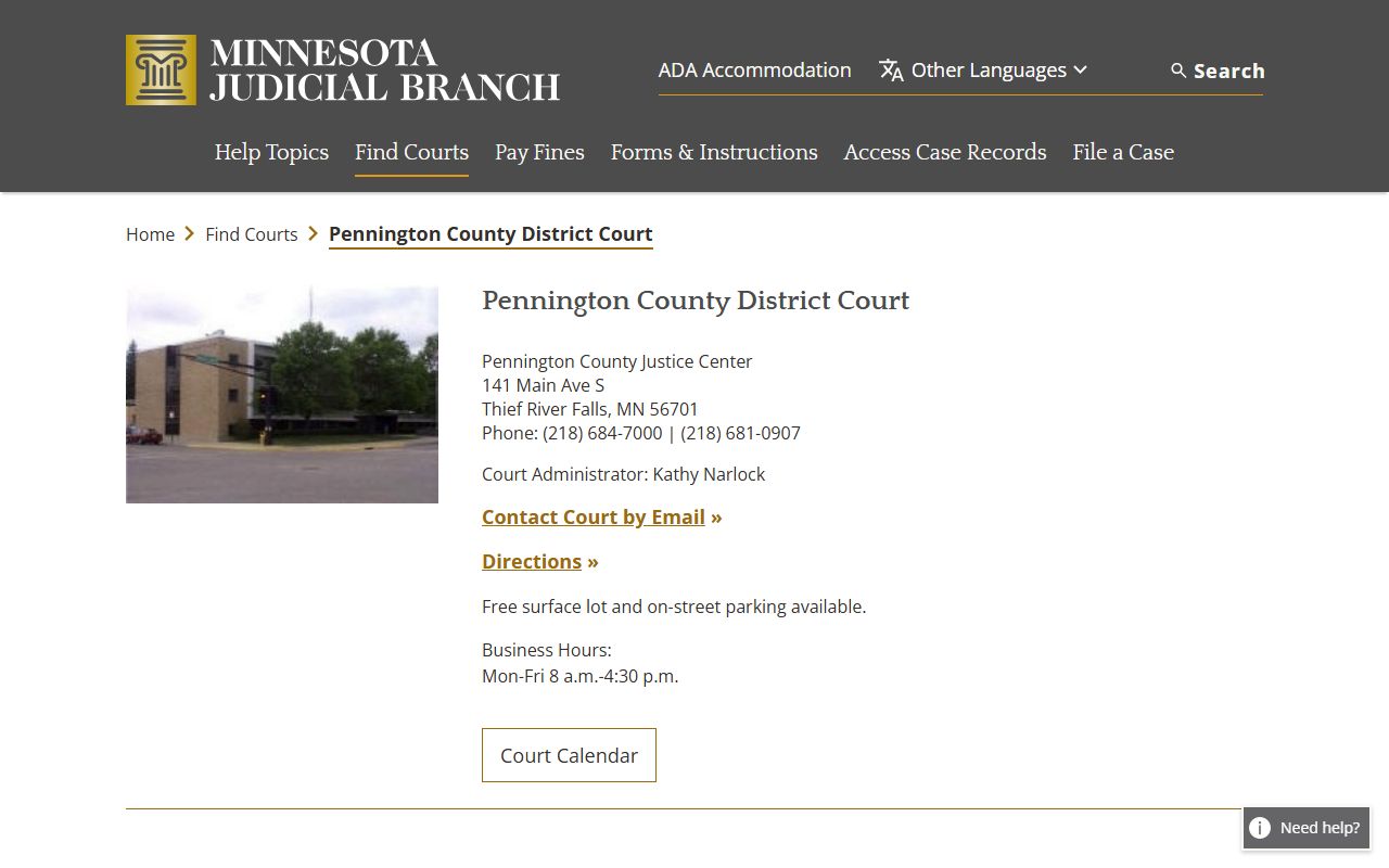 Pennington County district court page for Pennington County criminal court records
