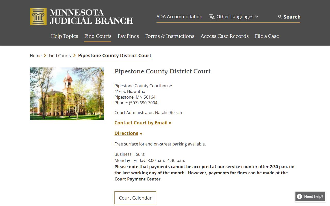 Pipestone County district court page for criminal court records