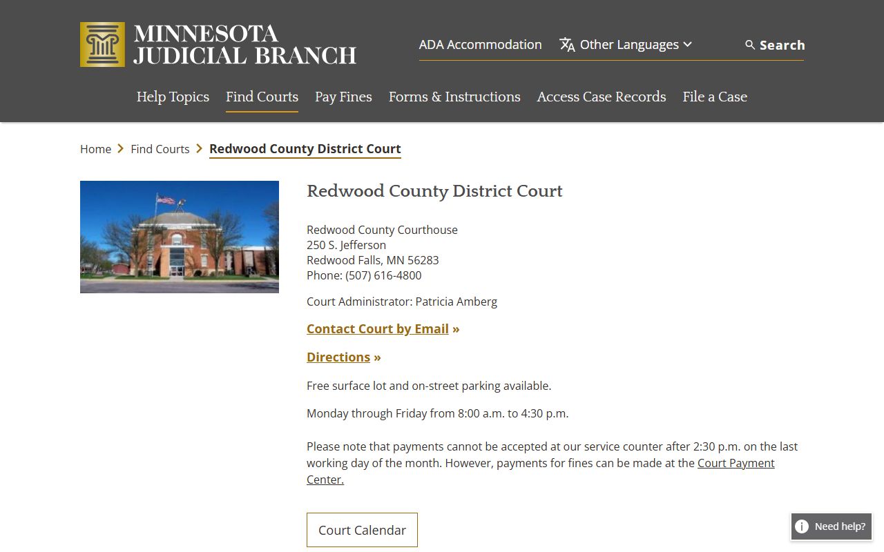 Redwood County district court page for criminal court records