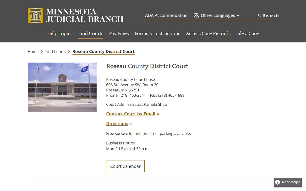 Roseau County district court page for Roseau County criminal court records