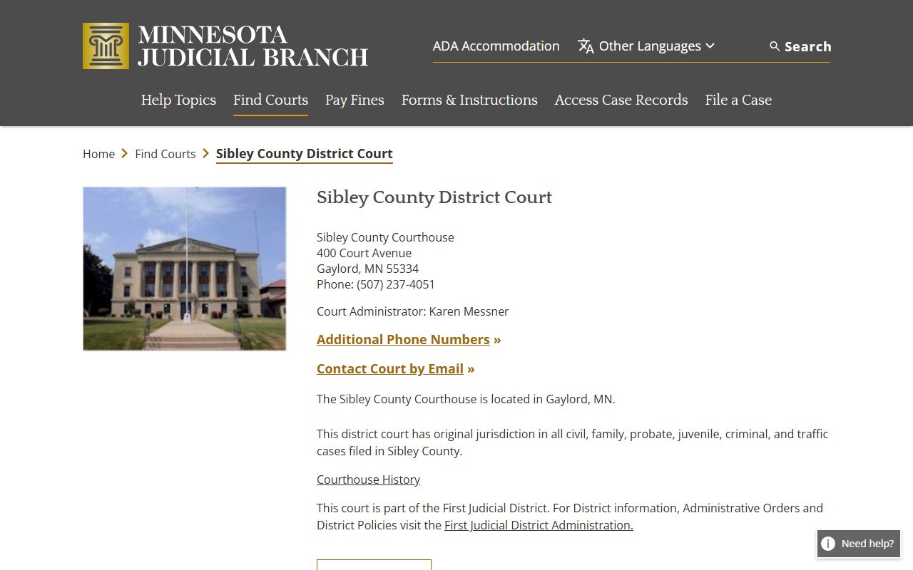Sibley County criminal court records district court page