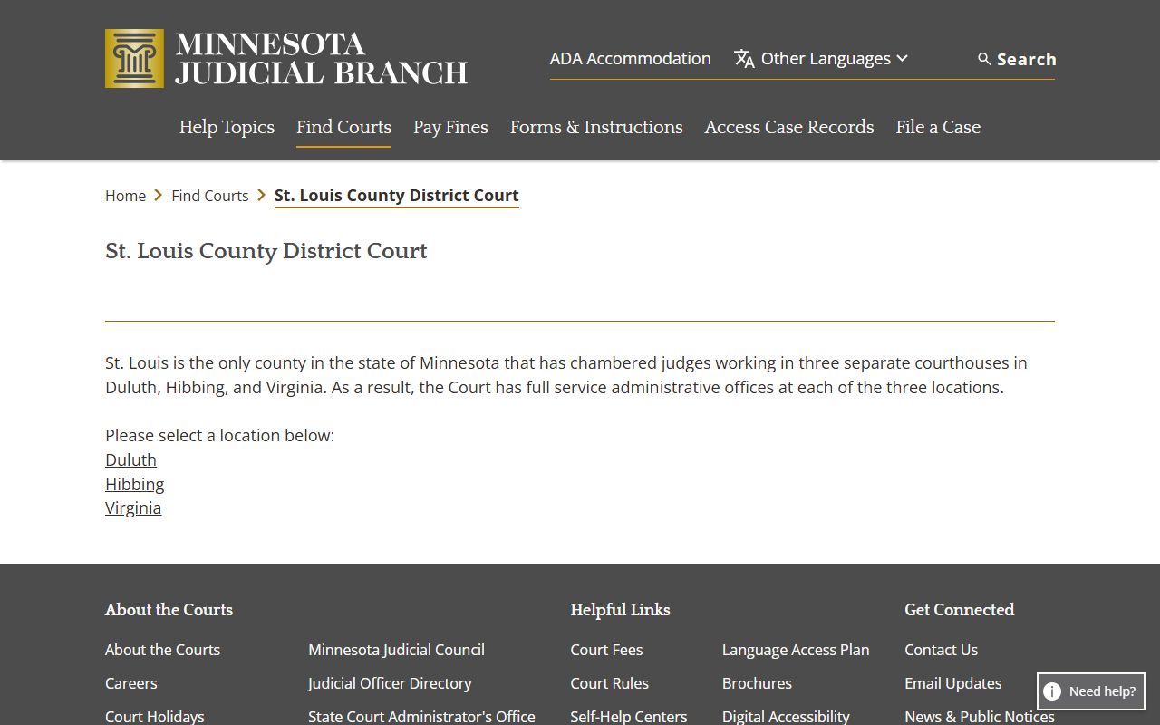 St. Louis County District Court three-courthouse listing on the Minnesota Courts website