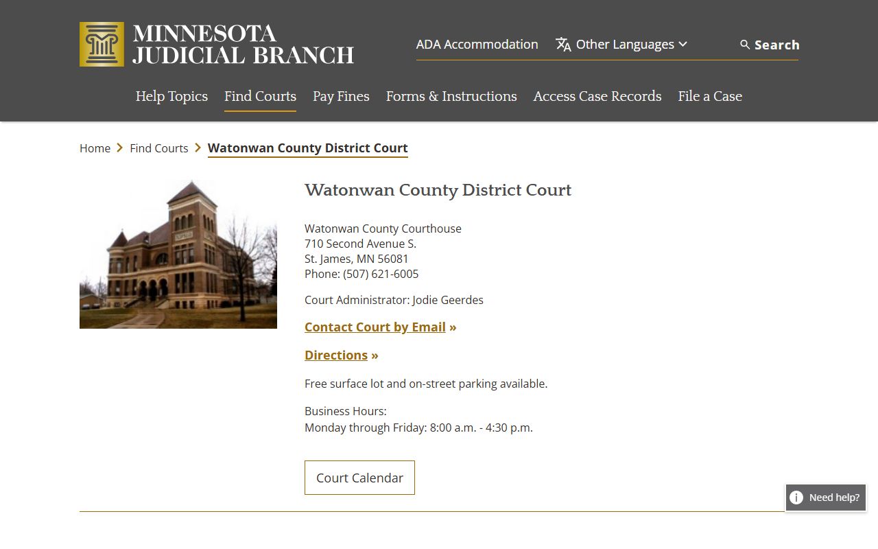 Watonwan County district court page for criminal court records