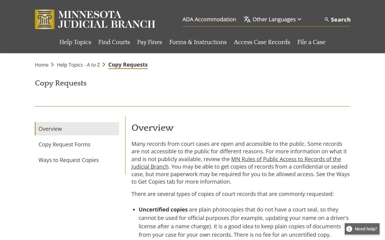 Minnesota Criminal Court Records Copy Requests