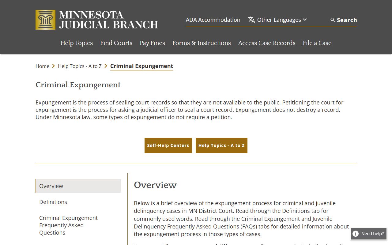 Minnesota Criminal Court Records Expungement Information