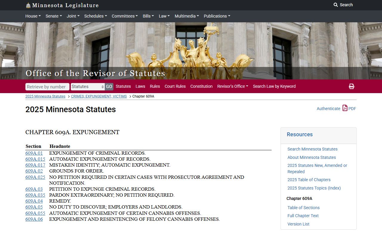 Minnesota Criminal Court Records Expungement Statutes Chapter 609A